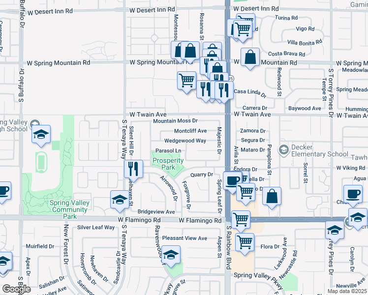 map of restaurants, bars, coffee shops, grocery stores, and more near 7072 Parasol Lane in Las Vegas