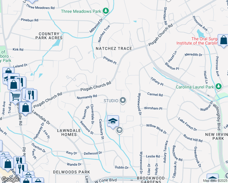 map of restaurants, bars, coffee shops, grocery stores, and more near 1423 Manuel Street in Greensboro