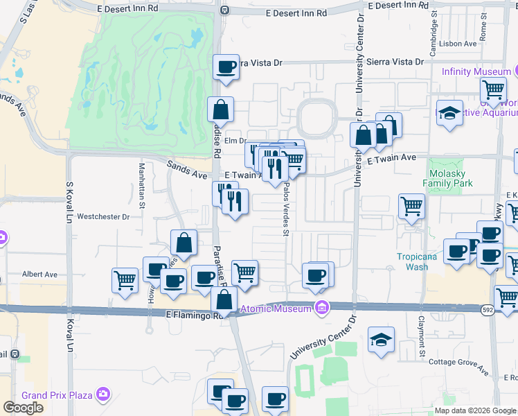map of restaurants, bars, coffee shops, grocery stores, and more near 489 North Circle in Las Vegas