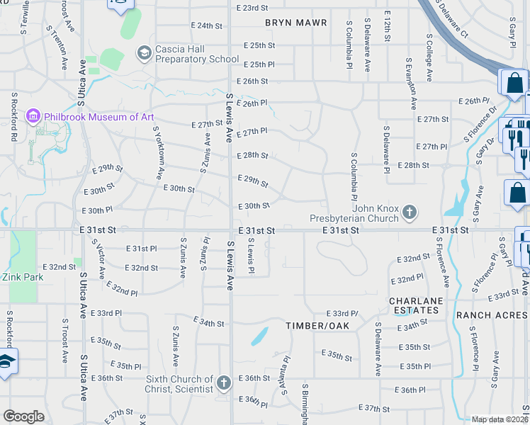 map of restaurants, bars, coffee shops, grocery stores, and more near 2445 East 30th Street in Tulsa