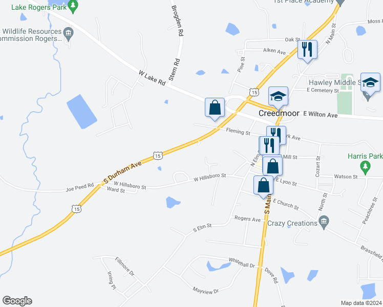 map of restaurants, bars, coffee shops, grocery stores, and more near 400 North Durham Avenue in Creedmoor