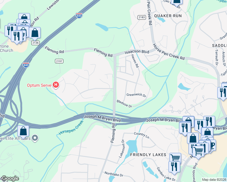 map of restaurants, bars, coffee shops, grocery stores, and more near 1915 Fleming Road in Greensboro