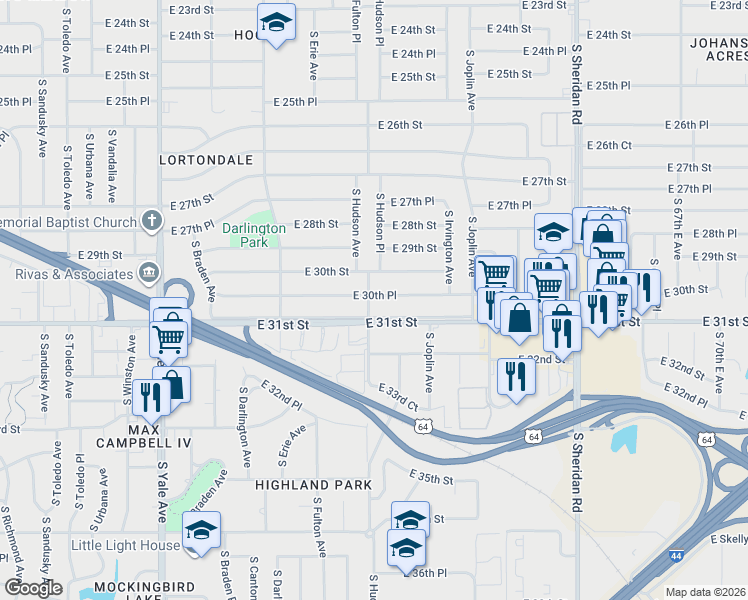 map of restaurants, bars, coffee shops, grocery stores, and more near 5709 East 30th Place in Tulsa