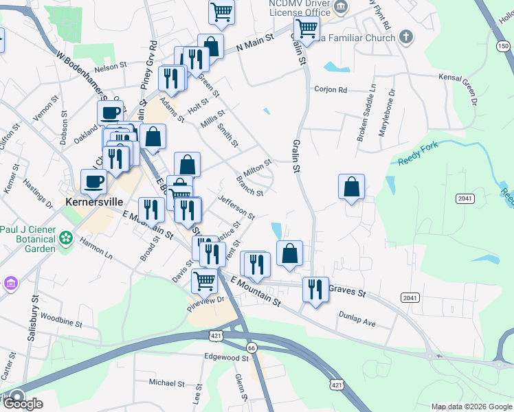 map of restaurants, bars, coffee shops, grocery stores, and more near 421 Jefferson Street in Kernersville