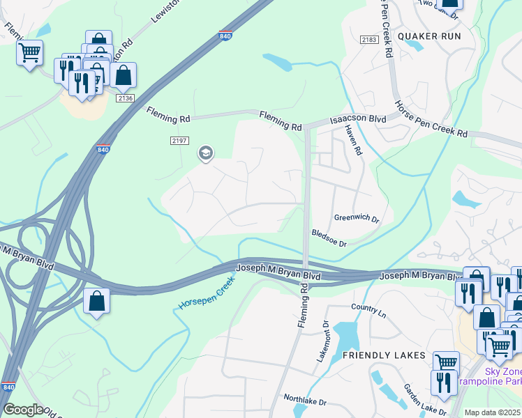 map of restaurants, bars, coffee shops, grocery stores, and more near 4621 Country Woods Lane in Greensboro