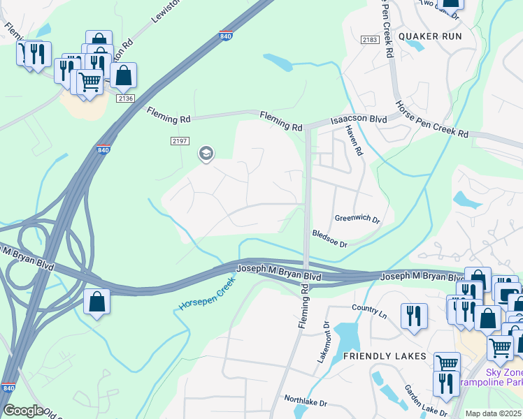 map of restaurants, bars, coffee shops, grocery stores, and more near 4621 Country Woods Lane in Greensboro