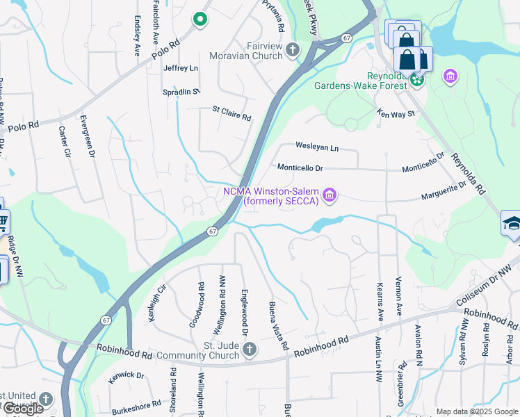 map of restaurants, bars, coffee shops, grocery stores, and more near 2994 Marguerite Park Drive Northwest in Winston-Salem