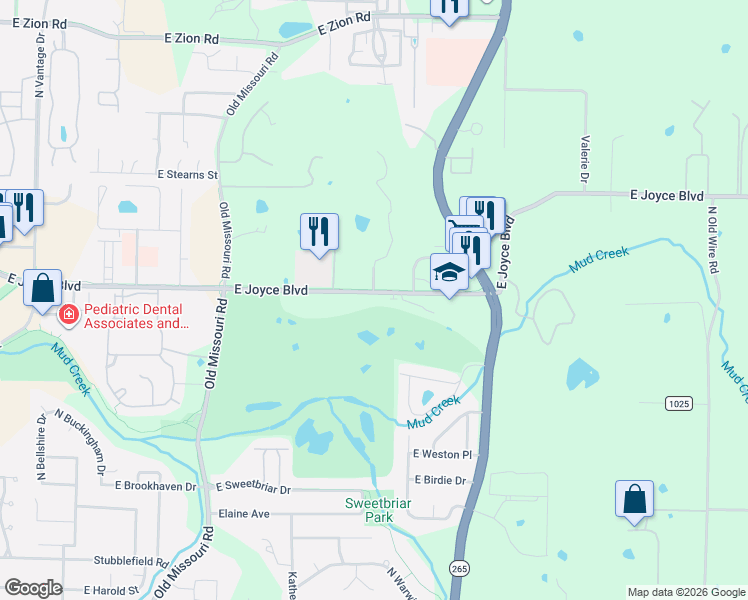 map of restaurants, bars, coffee shops, grocery stores, and more near 2600-2638 Joyce Boulevard in Fayetteville