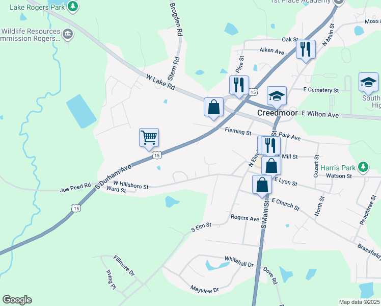 map of restaurants, bars, coffee shops, grocery stores, and more near 400 North Durham Avenue in Creedmoor