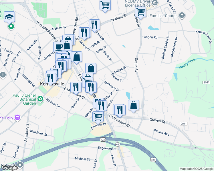 map of restaurants, bars, coffee shops, grocery stores, and more near 408 Jefferson Street in Kernersville