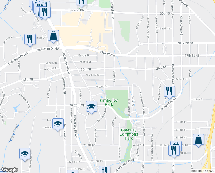 map of restaurants, bars, coffee shops, grocery stores, and more near 325 West 23rd Street in Winston-Salem