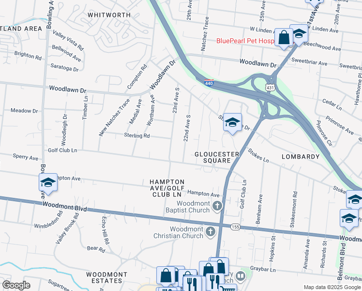 map of restaurants, bars, coffee shops, grocery stores, and more near 2918 22nd Avenue South in Nashville