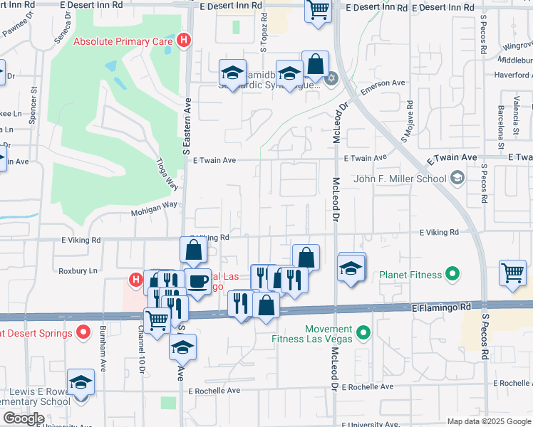 map of restaurants, bars, coffee shops, grocery stores, and more near 3840 South Topaz Road in Las Vegas