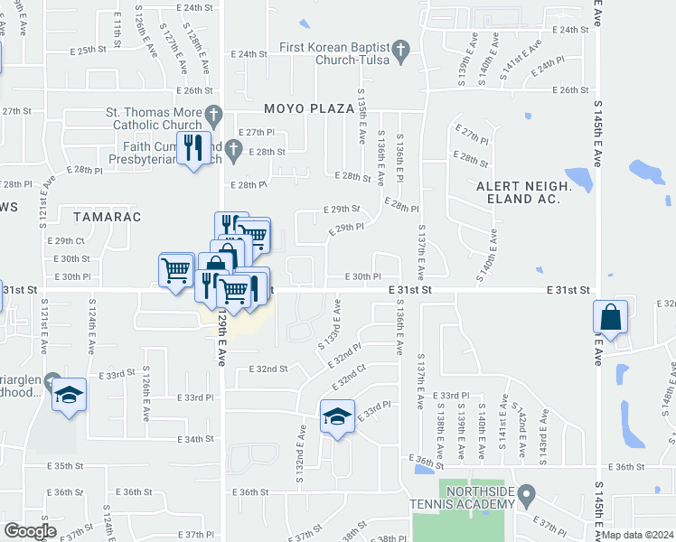 map of restaurants, bars, coffee shops, grocery stores, and more near 13211 East 30th Place in Tulsa