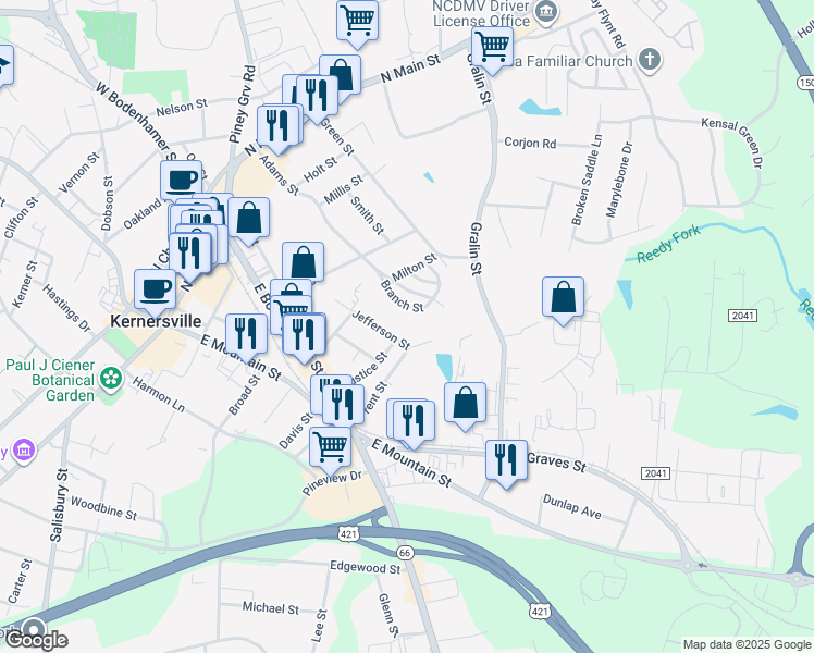 map of restaurants, bars, coffee shops, grocery stores, and more near 500 Jefferson Street in Kernersville
