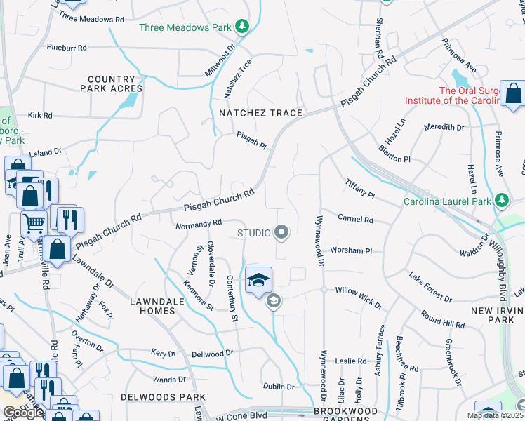 map of restaurants, bars, coffee shops, grocery stores, and more near 1423 Manuel Street in Greensboro
