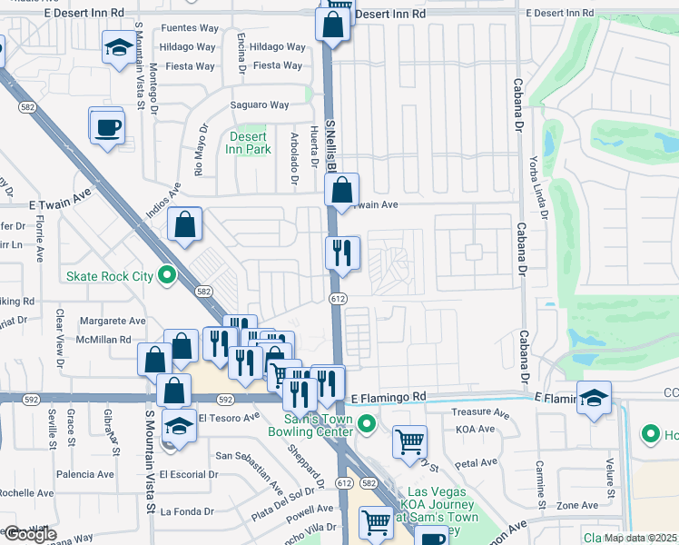 map of restaurants, bars, coffee shops, grocery stores, and more near 3800 South Nellis Boulevard in Las Vegas