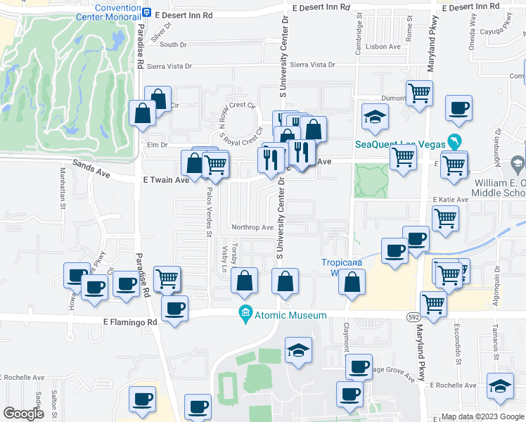 map of restaurants, bars, coffee shops, grocery stores, and more near 3811 Daisy Street in Las Vegas