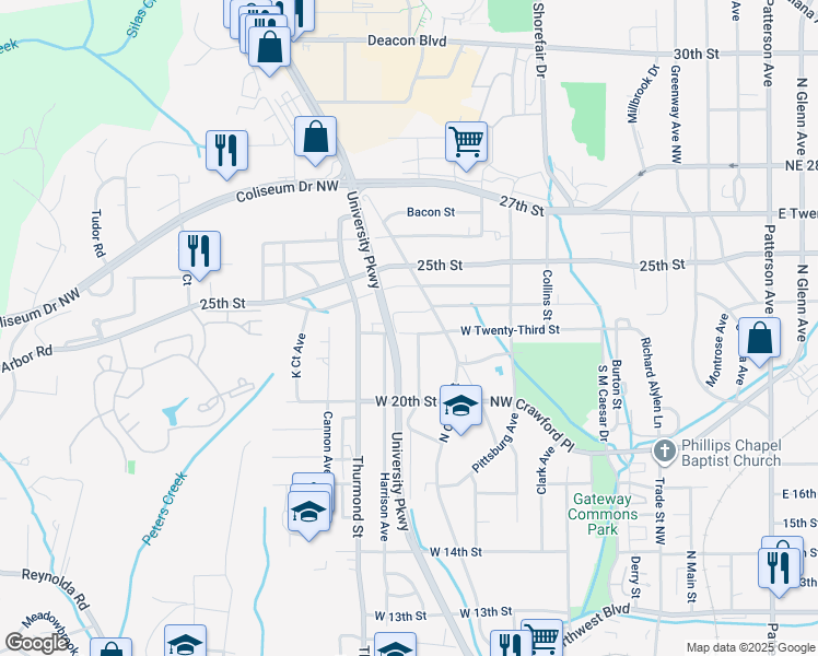 map of restaurants, bars, coffee shops, grocery stores, and more near 603 West 23rd Street in Winston-Salem