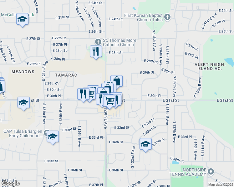 map of restaurants, bars, coffee shops, grocery stores, and more near 12919 East 31st Street in Tulsa