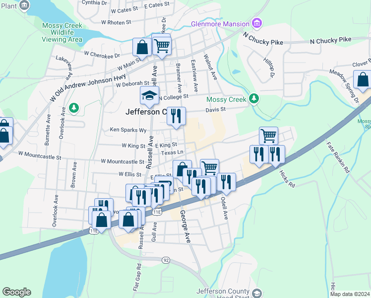 map of restaurants, bars, coffee shops, grocery stores, and more near 2225 Branner Avenue in Jefferson City