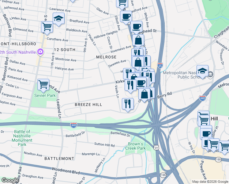 map of restaurants, bars, coffee shops, grocery stores, and more near 2911 Vaulx Lane in Nashville