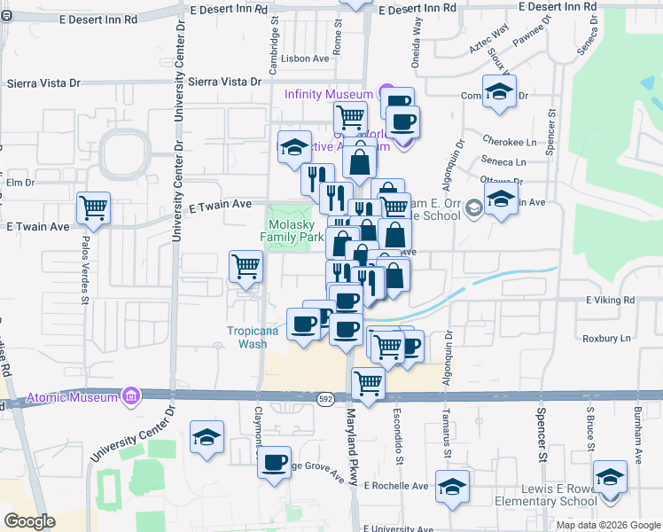 map of restaurants, bars, coffee shops, grocery stores, and more near 3823 South Maryland Parkway in Las Vegas