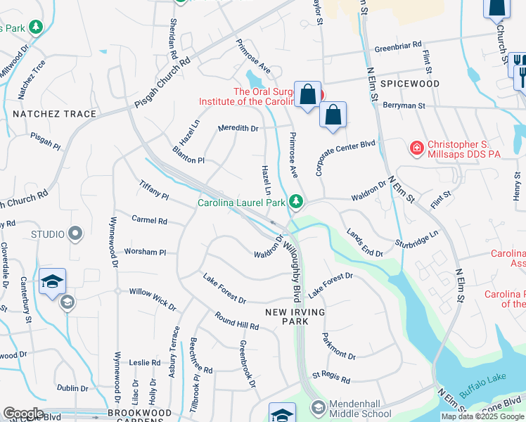 map of restaurants, bars, coffee shops, grocery stores, and more near 606 Willoughby Boulevard in Greensboro