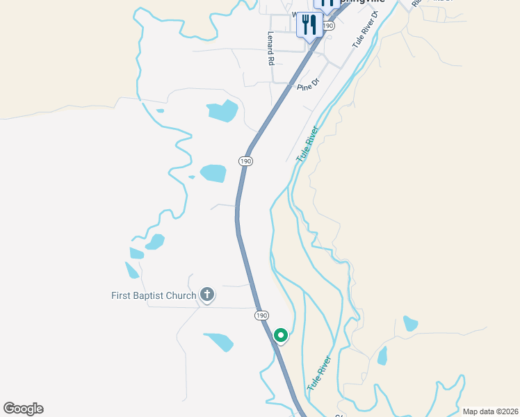map of restaurants, bars, coffee shops, grocery stores, and more near 34809 Highway 190 in Springville