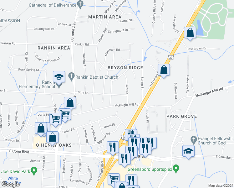 map of restaurants, bars, coffee shops, grocery stores, and more near 1715 Spry Street in Greensboro