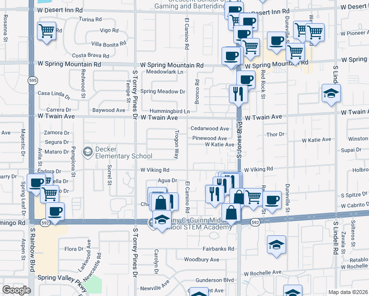 map of restaurants, bars, coffee shops, grocery stores, and more near 3811 El Camino Road in Las Vegas