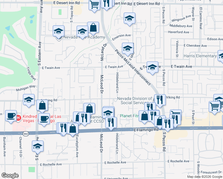 map of restaurants, bars, coffee shops, grocery stores, and more near 3810 Robar Street in Las Vegas