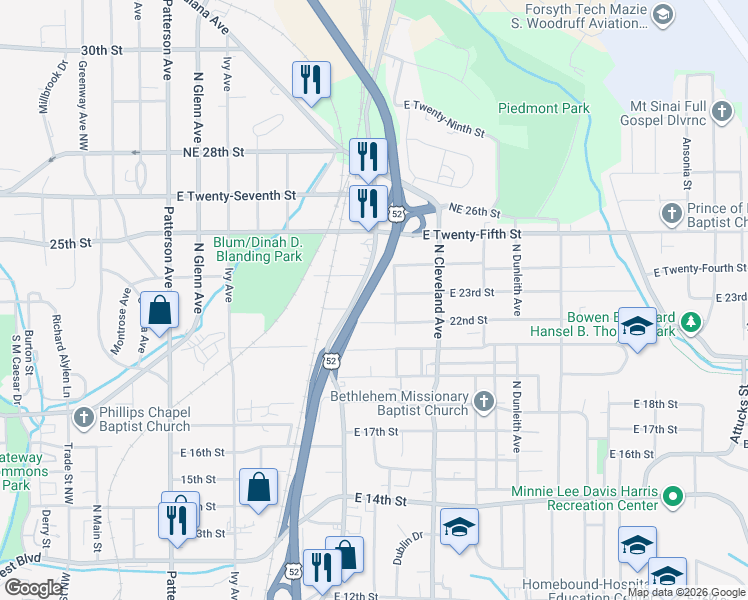 map of restaurants, bars, coffee shops, grocery stores, and more near 916 23rd Street Northeast in Winston-Salem