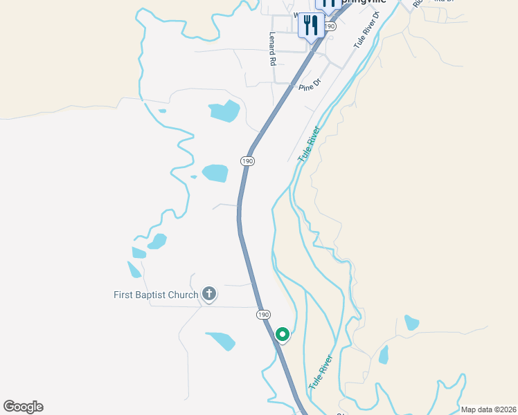 map of restaurants, bars, coffee shops, grocery stores, and more near 34809 Highway 190 in Springville