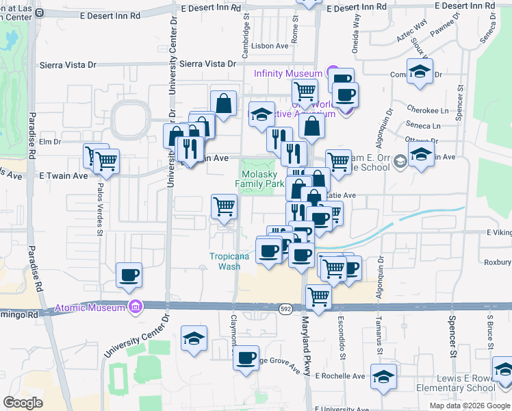 map of restaurants, bars, coffee shops, grocery stores, and more near 3823 South Maryland Parkway in Las Vegas