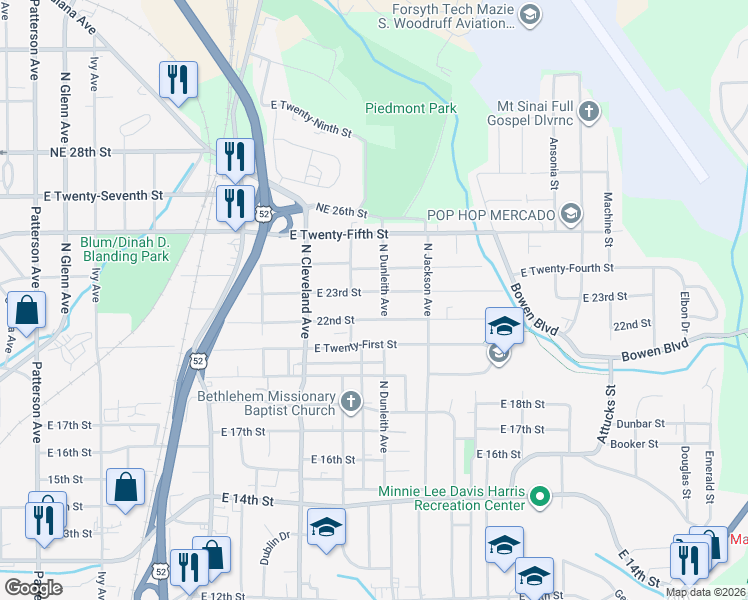 map of restaurants, bars, coffee shops, grocery stores, and more near 1420 23rd Street Northeast in Winston-Salem