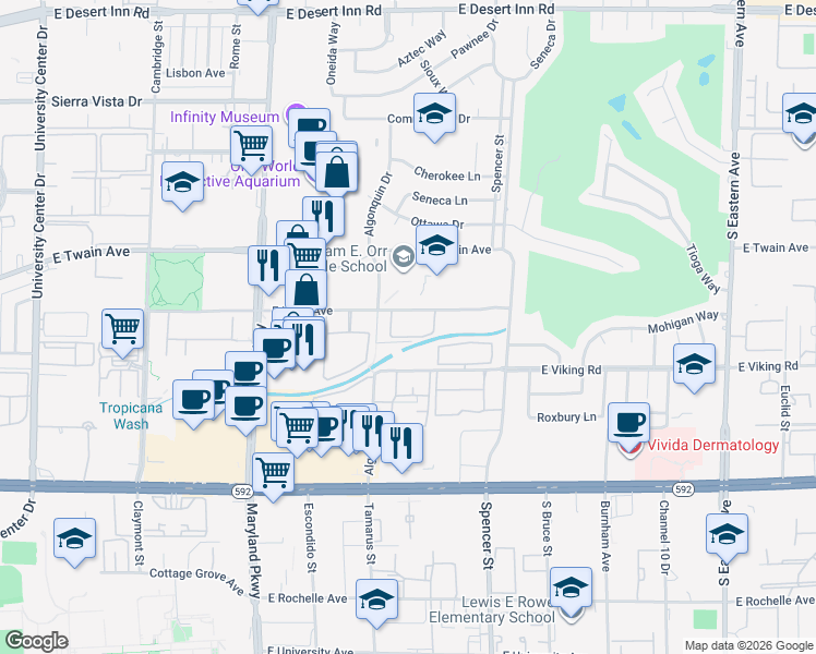 map of restaurants, bars, coffee shops, grocery stores, and more near 1601 East Katie Avenue in Las Vegas