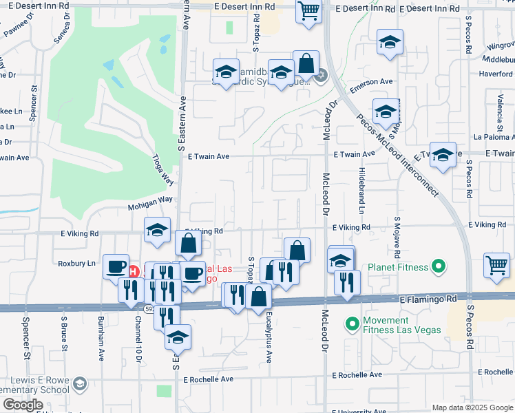 map of restaurants, bars, coffee shops, grocery stores, and more near 3840 South Topaz Road in Las Vegas