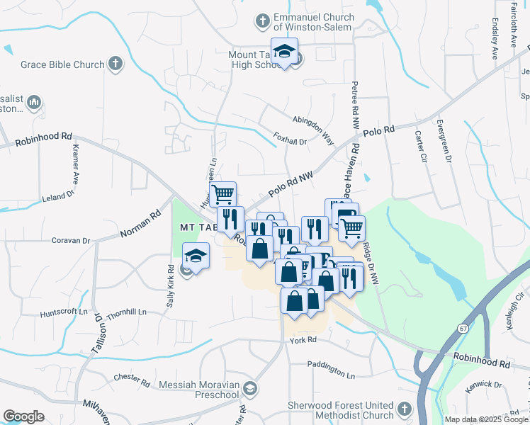 map of restaurants, bars, coffee shops, grocery stores, and more near 103 Westgate Circle in Winston-Salem