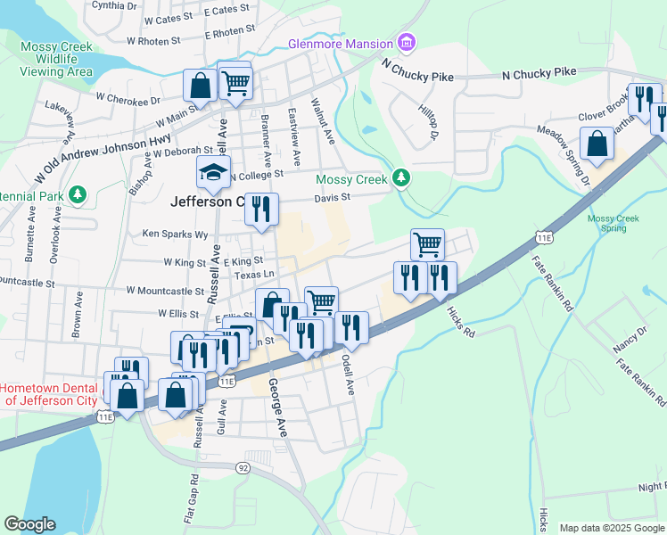 map of restaurants, bars, coffee shops, grocery stores, and more near 1003 East Mountcastle Street in Jefferson City