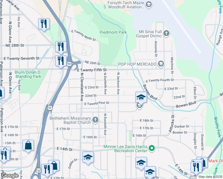 map of restaurants, bars, coffee shops, grocery stores, and more near 1518 23rd Street Northeast in Winston-Salem