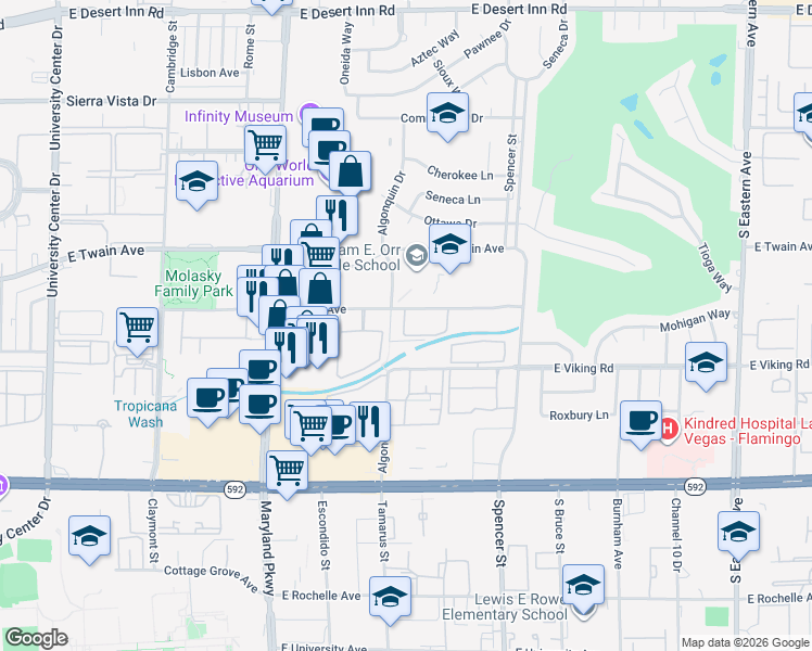 map of restaurants, bars, coffee shops, grocery stores, and more near 1601 East Katie Avenue in Las Vegas