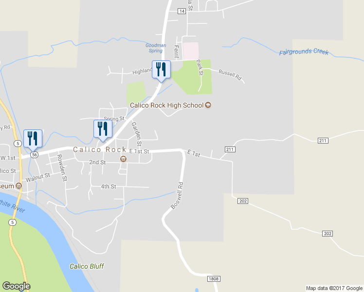 map of restaurants, bars, coffee shops, grocery stores, and more near 435 East 1st Street in Calico Rock