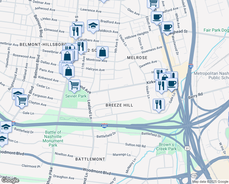 map of restaurants, bars, coffee shops, grocery stores, and more near 915 Kirkwood Avenue in Nashville