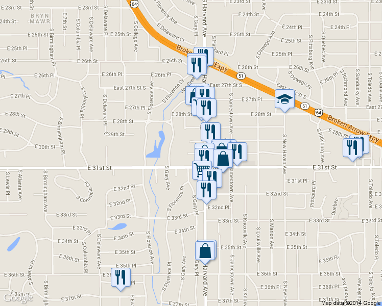 map of restaurants, bars, coffee shops, grocery stores, and more near 3020 South Harvard Avenue in Tulsa