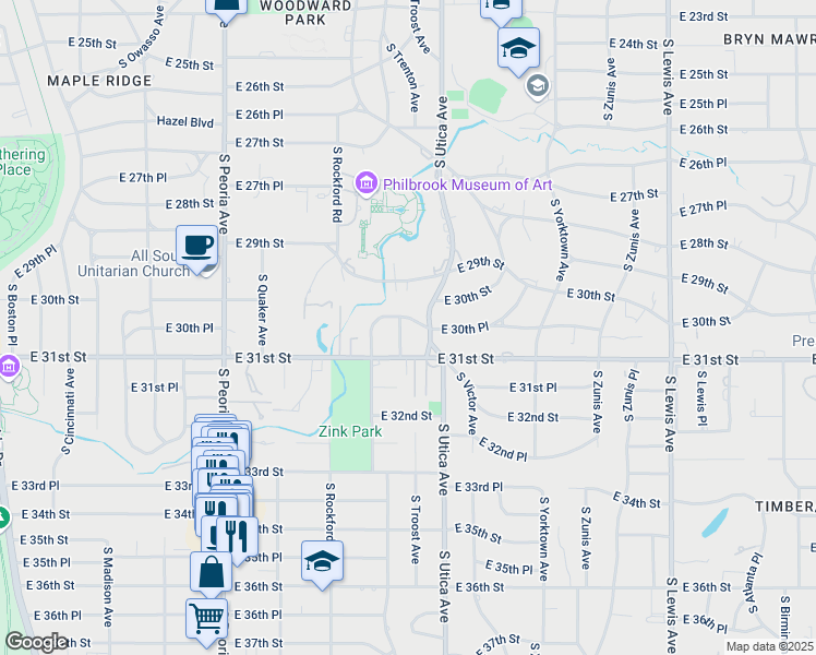map of restaurants, bars, coffee shops, grocery stores, and more near 1630 East 30th Place in Tulsa