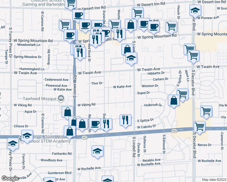map of restaurants, bars, coffee shops, grocery stores, and more near 3821 Longs Peak Court in Las Vegas