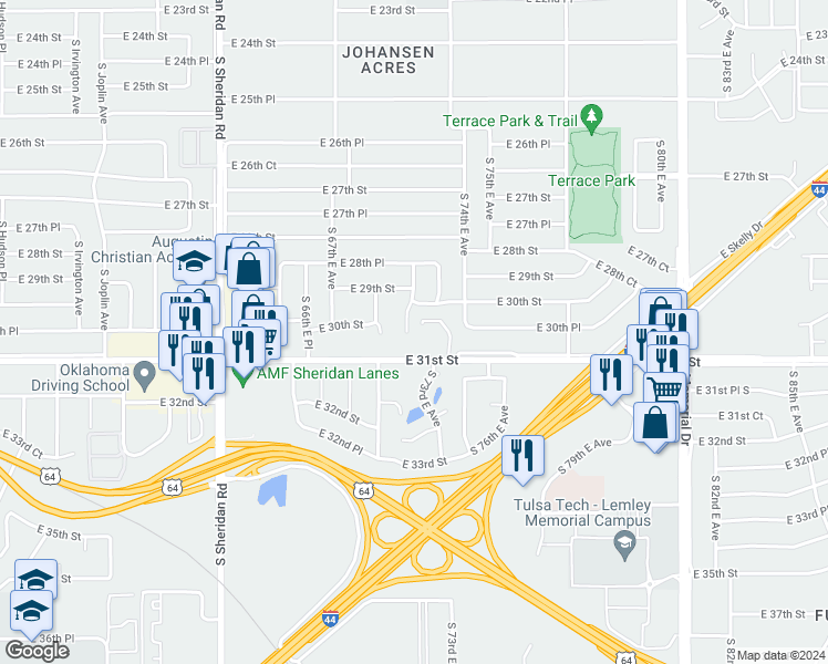 map of restaurants, bars, coffee shops, grocery stores, and more near 3029 South 72nd East Avenue in Tulsa