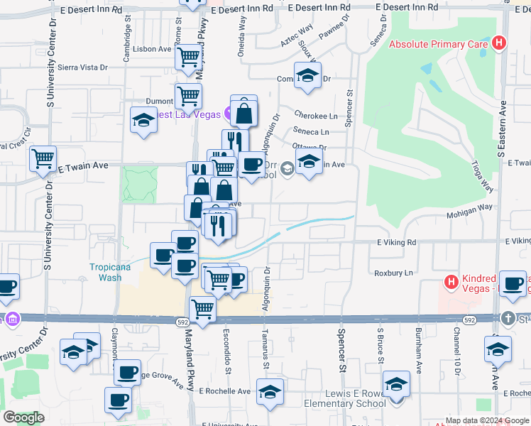 map of restaurants, bars, coffee shops, grocery stores, and more near 1455 East Katie Avenue in Las Vegas
