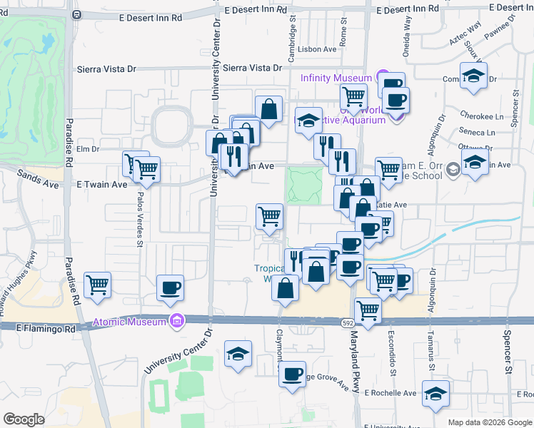 map of restaurants, bars, coffee shops, grocery stores, and more near 3825 Cambridge Street in Las Vegas